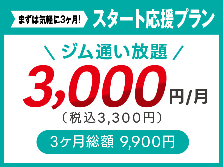 【スタート応援】ジム通い放題！月額3,300円！