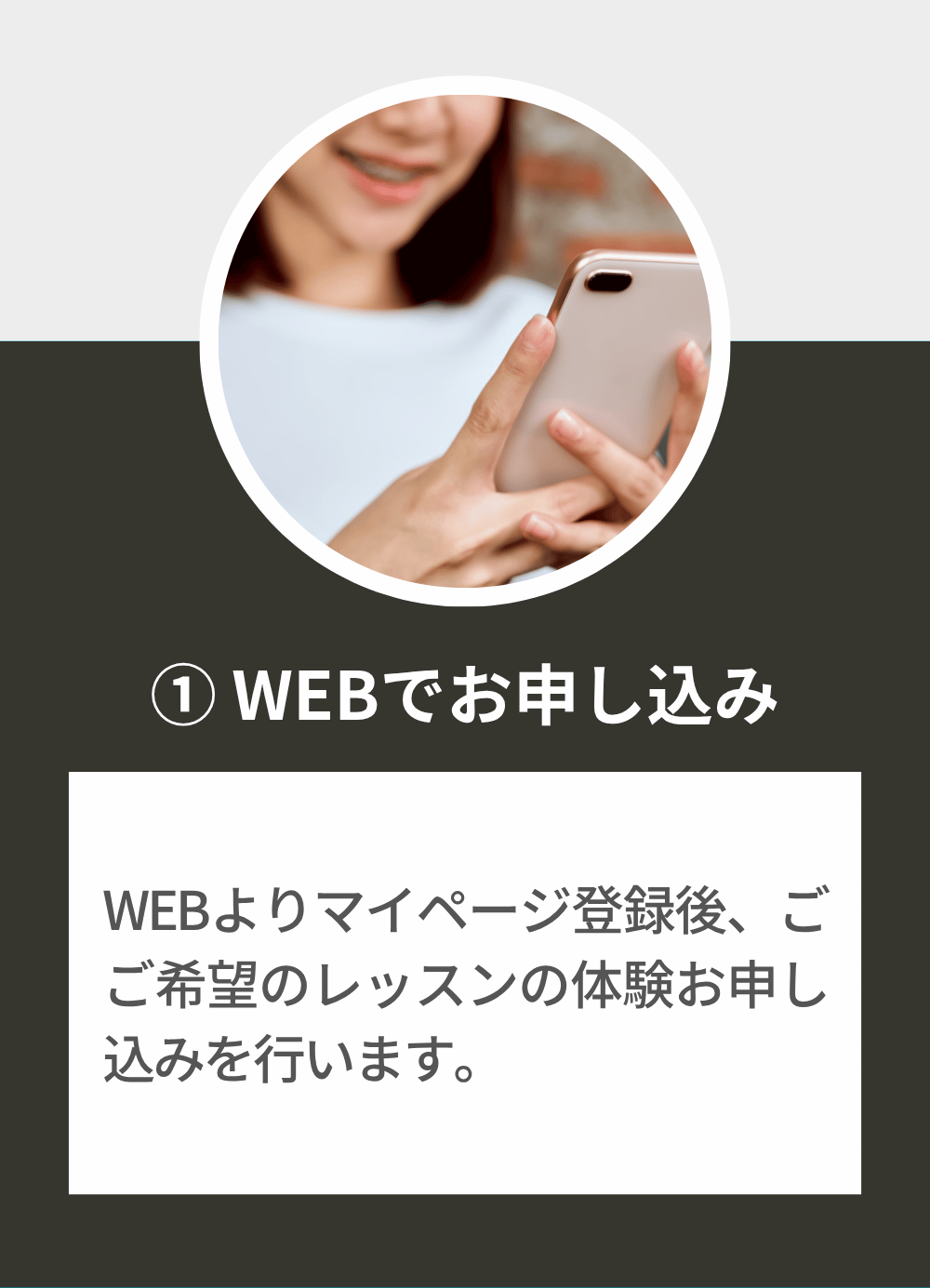 WEBよりマイページ登録後、ごご希望のレッスンの体験お申し込みを行います。