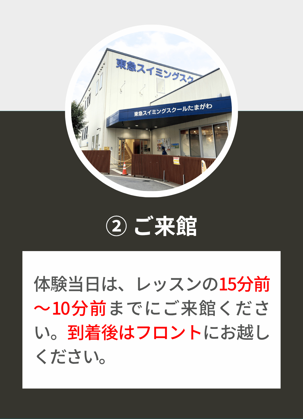 体験当日は、レッスンの15分前~10分前までにご来館ください。到着後はフロントにお越しください。