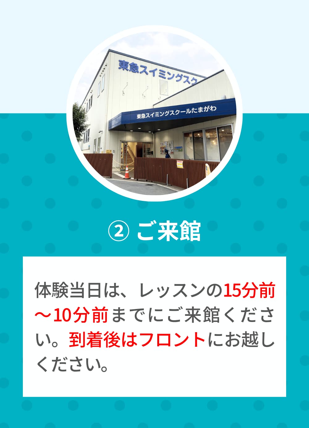 体験当日は、レッスンの15分前～10分前までにご来館ください。到着後はフロントにお越しください。
